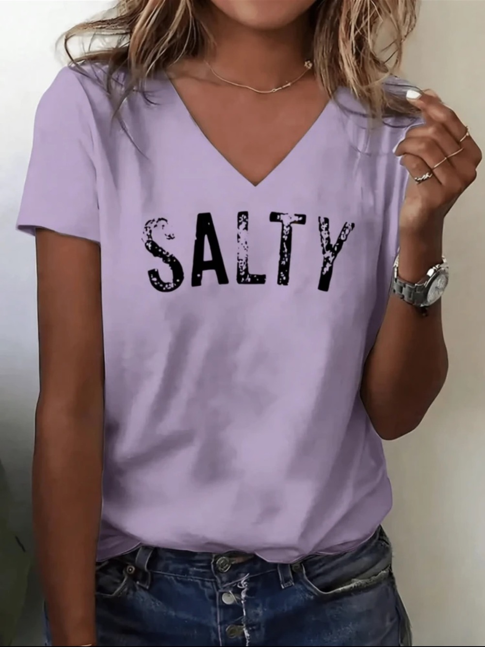 SHEIN Lavender V-Neck 'SALTY' Short Sleeve Tee